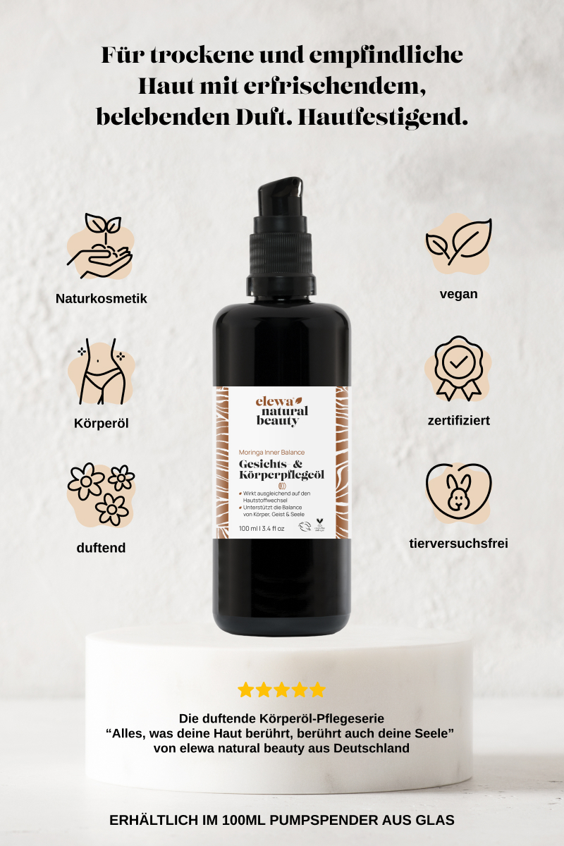 körperöl naturkosmetik vegan frauen hautöl moringa inner balance beauty öl elewa pflegeöl